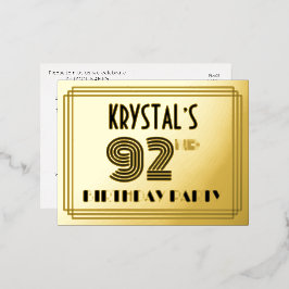 92. Geburtstagsparty ~ Art-Deco-Stil "92" + Name Folie Einladungspostkarte