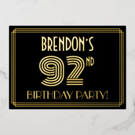 92. Geburtstagsparty — Art Deco Style "92" + Name Folieneinladung