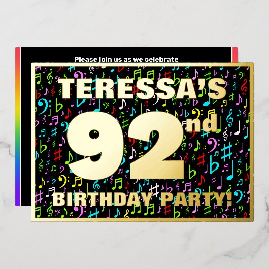 92nd Birthday Party — Fun, Colorful Music Symboc Folieneinladung (Vorderseite/Rückseite)