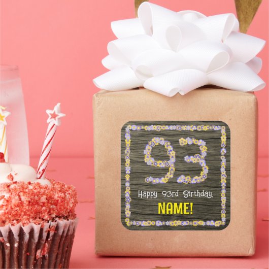 93. Geburtstag: Blumennummer, Imitate Holzbild, Na Quadratischer Aufkleber (Party)