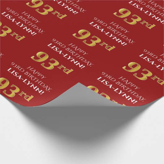 93. Geburtstag: Elegant, rot, Imitate Gold Look Geschenkpapier (Ecke)