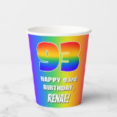 93. Geburtstag: Farbiges, lustiges Regenbogenmuste Pappbecher (Rückseite)