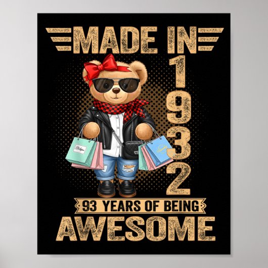 93 Year Old Made In 1932 Teddy Bear 93rd Birthday Poster (Vorne)