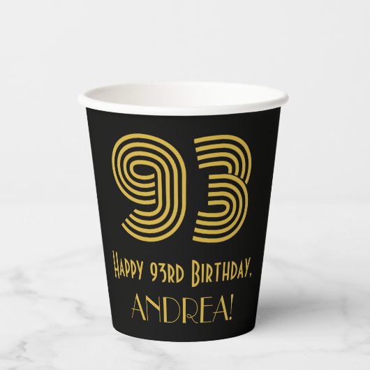 93rd Birthday: Art Deco Inspired Look “93” & Name Pappbecher (Vorderseite)