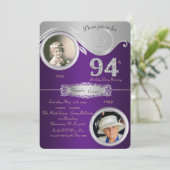94., Birthday Man 94., eleganter Deko, lila Einladung (Stehend Vorderseite)