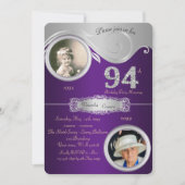 94., Birthday Man 94., eleganter Deko, lila Einladung (Vorderseite)