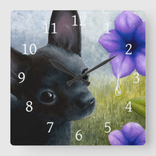94 Black Chihuahua Purple Flower Quadratische Wanduhr