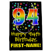 94. Geburtstag: Farbiges Sternenmuster & Regenboge Mittlere Geschenktüte (Vorderseite)