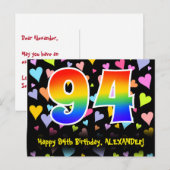 94. Geburtstag: Fun Hearts Muster, Regenbogen 94 Postkarte (Vorne/Hinten)