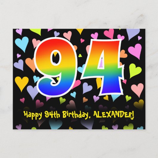 94. Geburtstag: Fun Hearts Muster, Regenbogen 94 Postkarte (Vorderseite)