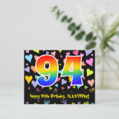 94. Geburtstag: Fun Hearts Muster, Regenbogen 94 Postkarte (Stehend Vorderseite)