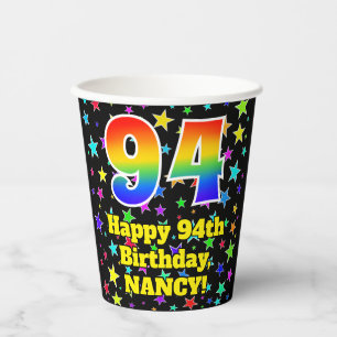 94. Geburtstag: Fun Stars Muster und Regenbogen 94 Pappbecher