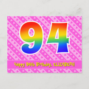 94. Geburtstag: Rosa Streifen & Herzen, Regenbogen Postkarte