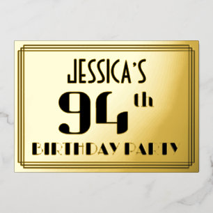 94. Geburtstagsfeier: Art Deco-Look „94“ und Name Folieneinladung