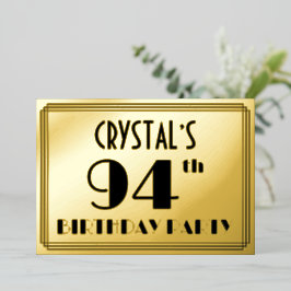 94. Geburtstagsparty — Art Deco Look "94" + Name Folieneinladung