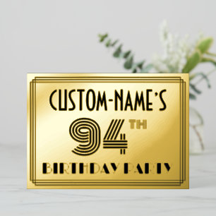 94. Geburtstagsparty — Art Deco Style "94" & Name Folieneinladung
