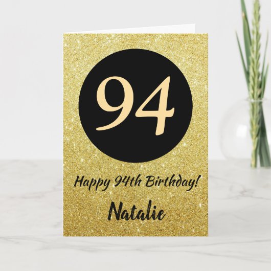 94. Happy Birthday Black and Gold Glitzer Card Karte (Vorderseite)