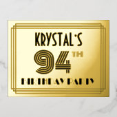 94th Birthday Party ~ Art Deco Style “94” + Name Folie Einladungspostkarte (Vorderseite)