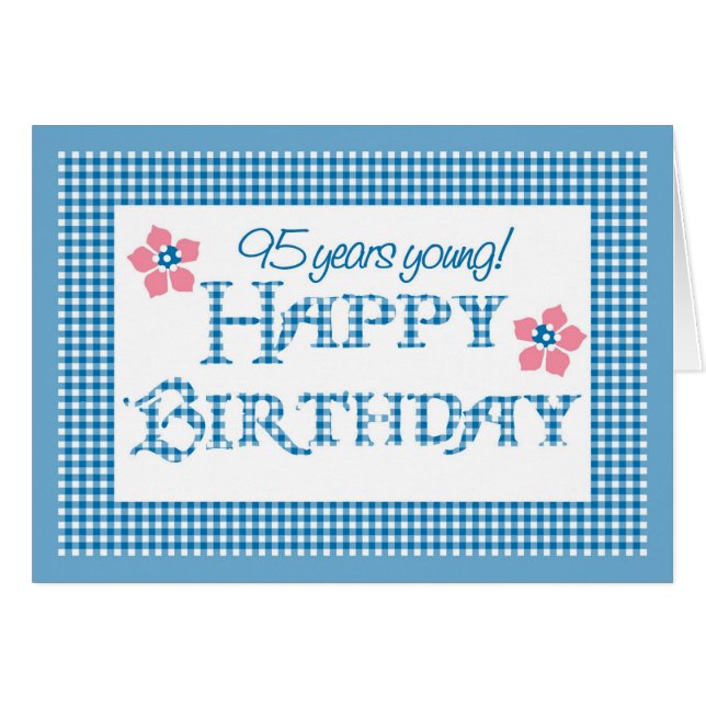 95. Geburtstag, Blue Karo Gingham Pattern (Vorderseite (Horizontal))