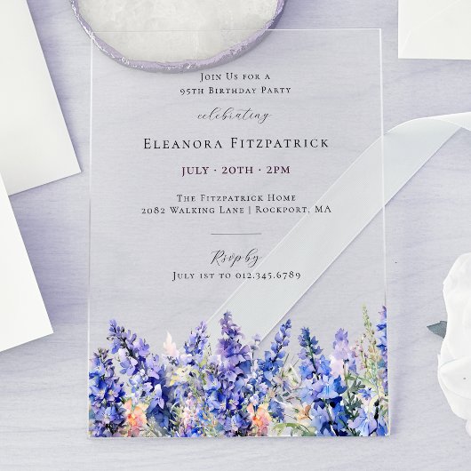 95. Geburtstag Blue Larkspur Juli Geburtstag Blume Acryleinladungen