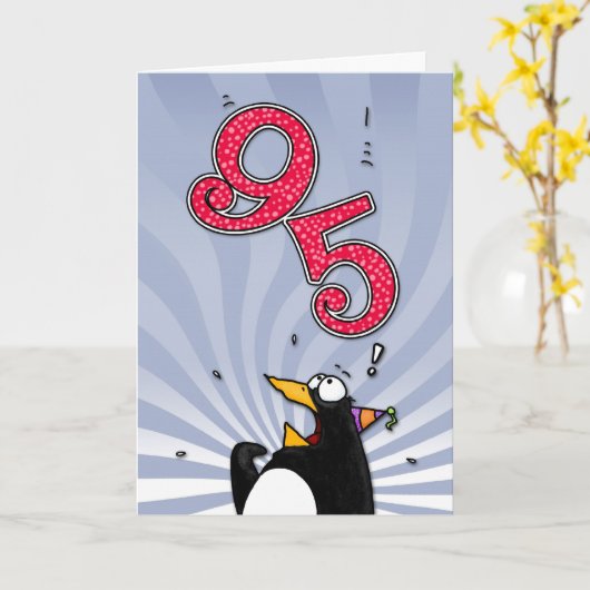 95. Geburtstag - Pinguin-Überraschungskarte Karte (Gelbe Blume)