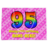 95. Geburtstag: Rosa Streifen & Herz, Regenbogen # Große Geschenktüte (Vorderseite)