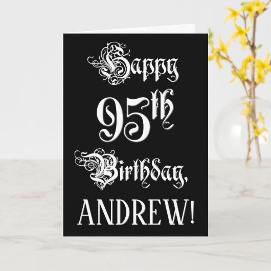 95. Geburtstag: Verschnörkelte, elegante Schrift + Karte (Gelbe Blume)