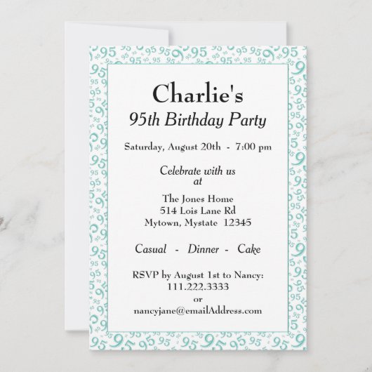 95. Geburtstag Zufallszahlenmuster Aquamarin/weiß Einladung (Vorderseite)