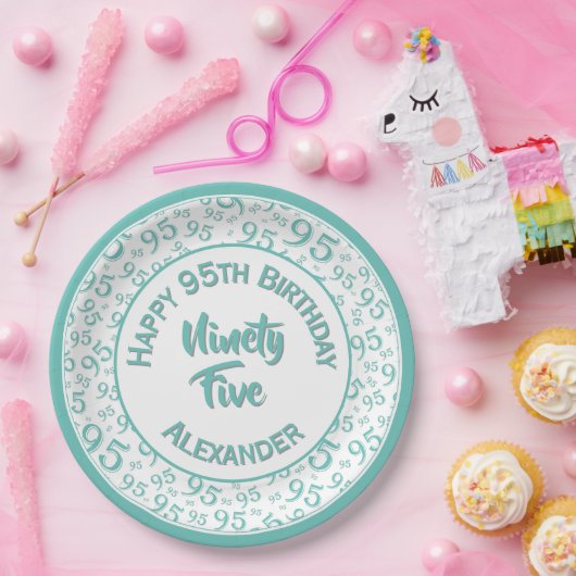 95. Geburtstag Zufallszahlenmuster Aquamarin/weiß Pappteller (Party)