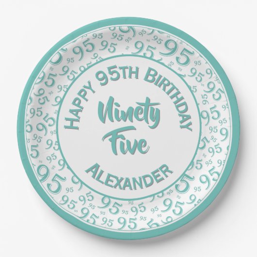 95. Geburtstag Zufallszahlenmuster Aquamarin/weiß Pappteller (Vorderseite)