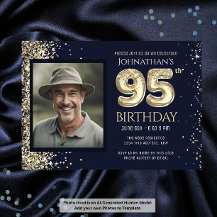 95. Geburtstagsfeier Gold Glitter Blau Foto Einladung