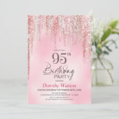 95. Geburtstagsfeier mit rosa Glitter Einladung (Stehend Vorderseite)