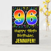 96. Geburtstag: Farbige Musiksymbole + Regenbogen  Karte (Gelbe Blume)
