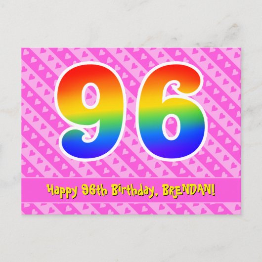 96. Geburtstag: Rosa Streifen & Herz, Regenbogen 9 Postkarte (Vorderseite)