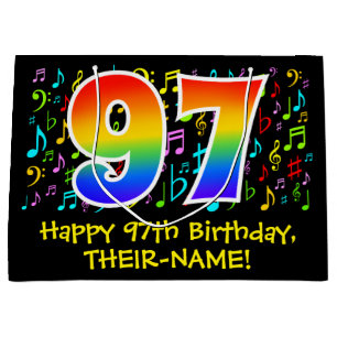 97. Geburtstag - Farbige Musiksymbole, Regenbogen Große Geschenktüte