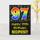 97. Geburtstag: Farbige Musiksymbole + Regenbogen  Karte (Gelbe Blume)