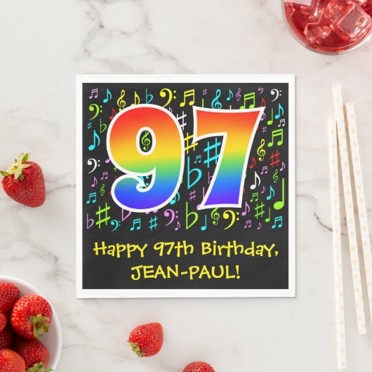 97. Geburtstag - Farbige Musiksymbole, Regenbogen Serviette (Beispiel)