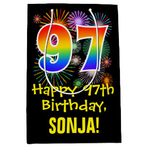 97. Geburtstag: Fun Fireworks Pattern + Rainbow 97 Mittlere Geschenktüte