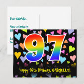 97. Geburtstag: Fun Hearts Muster, Regenbogen 97 Postkarte (Vorne/Hinten)