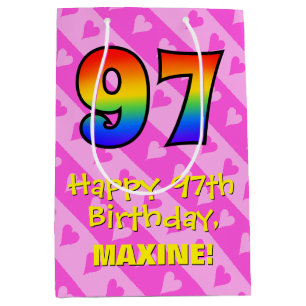 97. Geburtstag: Fun Pink Hearts Streifen; Regenbog Mittlere Geschenktüte