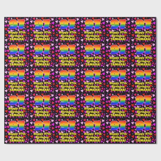 97. Geburtstag: Loving Hearts Pattern, Regenbogen  Geschenkpapier (Flach)