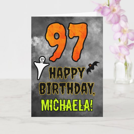 97th Birthday: Eerie Halloween Theme + Custom Name Karte (Orchidee)