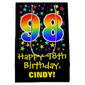 98. Geburtstag: Farbiges Sternenmuster & Regenboge Mittlere Geschenktüte (Rückseite)