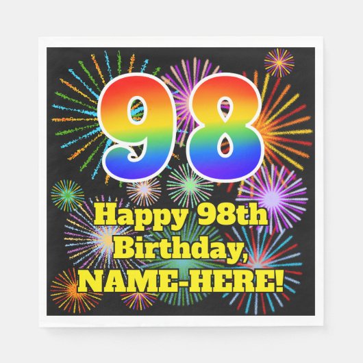 98. Geburtstag: Fun Fireworks Pattern + Rainbow 98 Serviette (Vorderseite)
