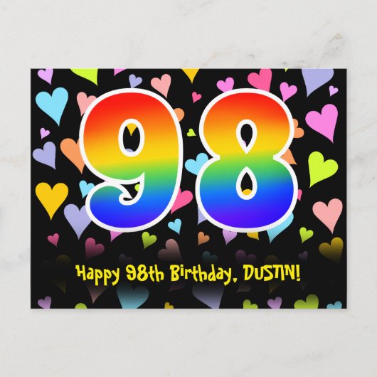 98. Geburtstag: Fun Hearts Muster, Regenbogen 98 Postkarte (Vorderseite)