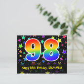 98. Geburtstag: Fun Stars Pattern, Regenbogen 98,  Postkarte (Stehend Vorderseite)