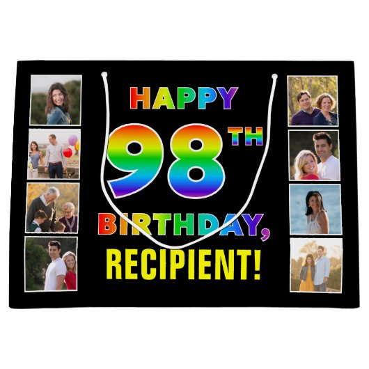 98. Geburtstag: Regenbogentext, benutzerdefinierte Große Geschenktüte (Vorderseite)