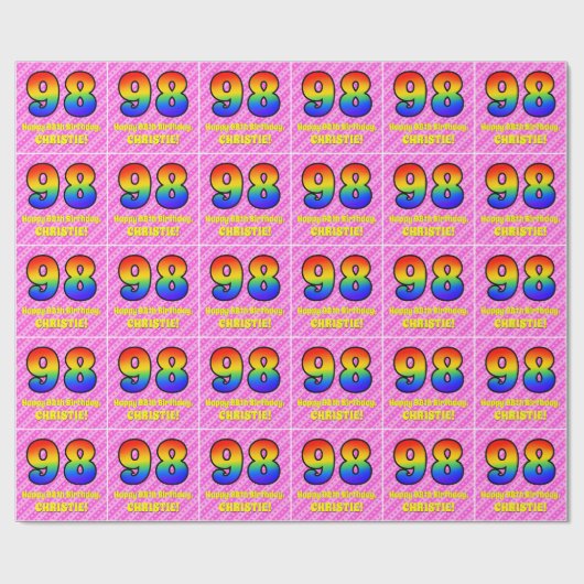 98. Geburtstag: Rosa Streifen & Herz, Regenbogen # Geschenkpapier (Flach)