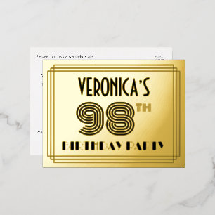 98. Geburtstagsfeier ~ Art Deco Stil “98” + Name Folie Einladungspostkarte