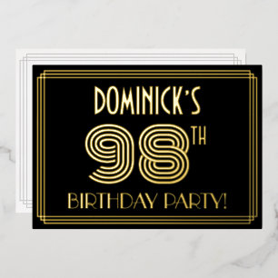 98. Geburtstagsparty — Art Deco Style "98" + Name Folieneinladung